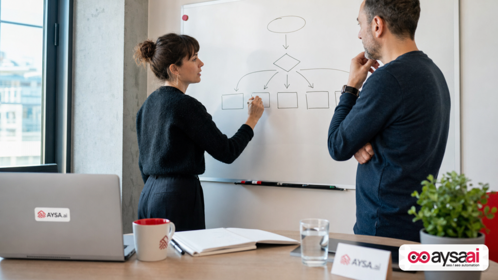 A team mapping how questions route into different AI retrieval paths on a whiteboard.