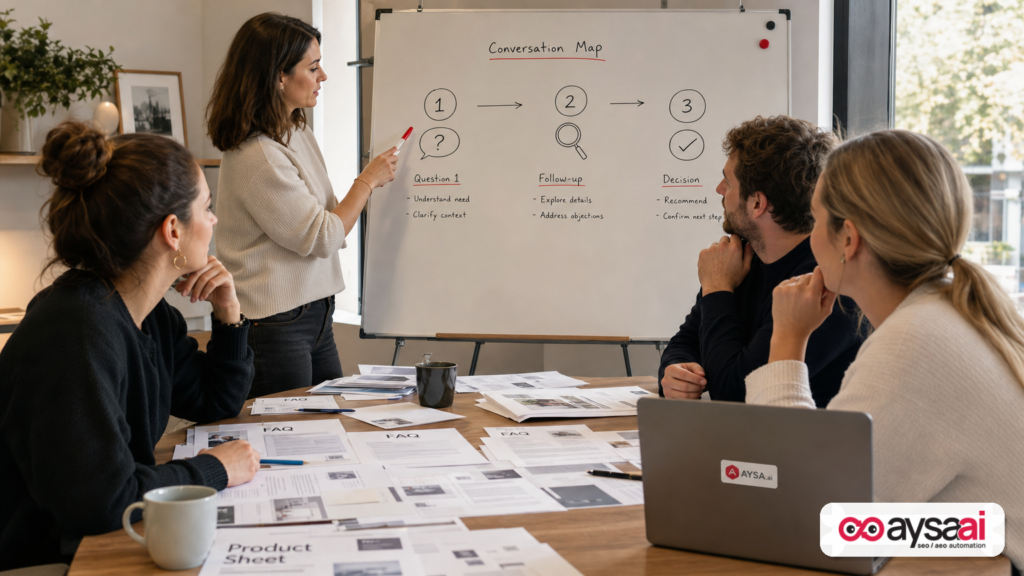 A team mapping initial and follow-up buyer questions on a whiteboard.