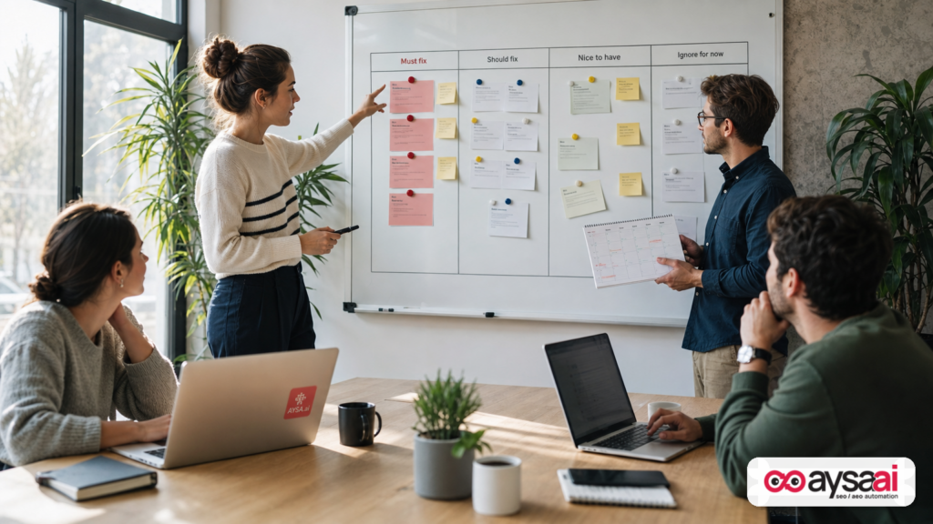A team prioritizes technical SEO tasks on a kanban board alongside sprint planning.