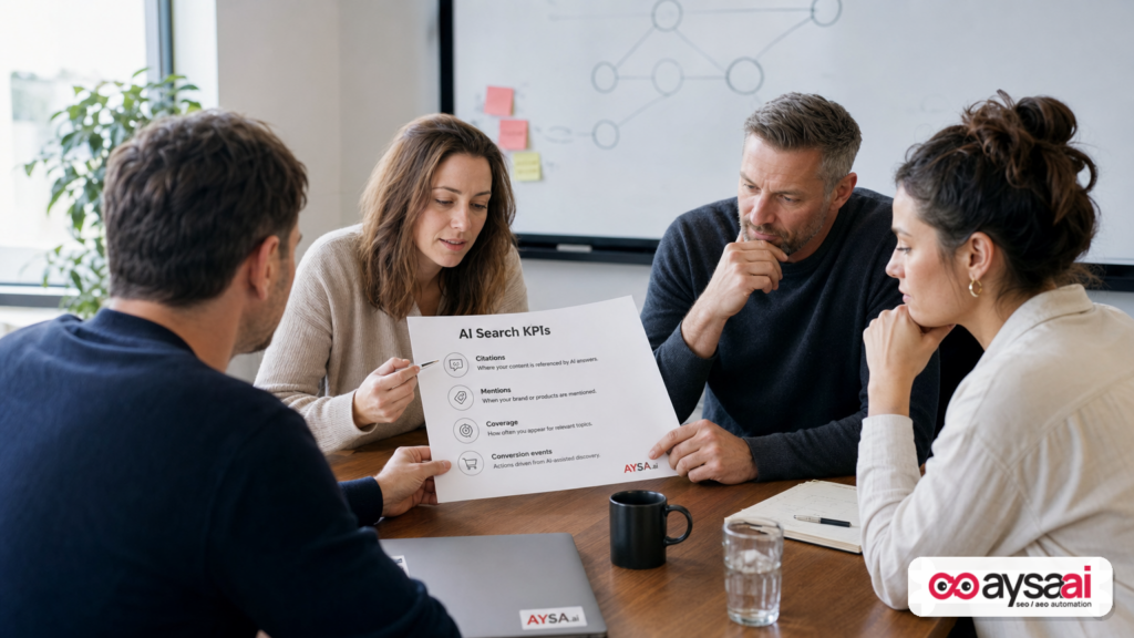 A team reviews a one-page AI search KPI sheet focused on citations and mentions rather than rankings.