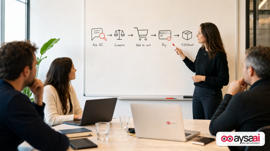 A team reviews a simple whiteboard diagram showing AI-driven shopping from question to checkout.
