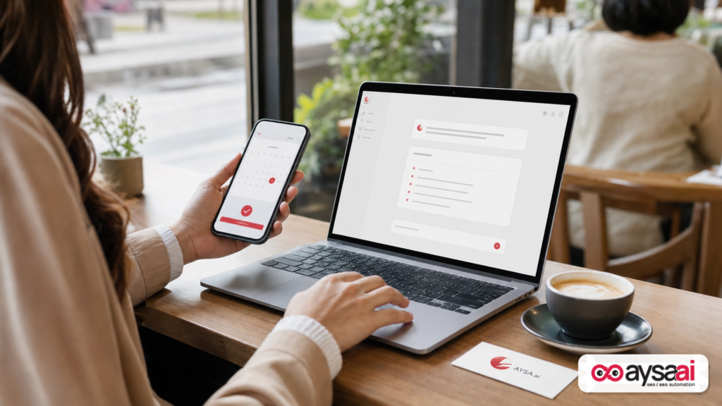 A user compares an AI suggestion on a laptop with a calendar event confirmation on a phone, illustrating AI that can take action.