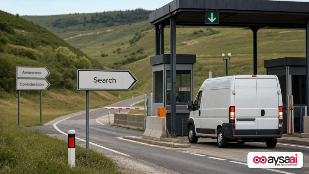 A van approaching a toll booth on a road, symbolizing search capturing demand created earlier upstream.