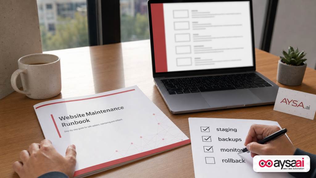 A website maintenance checklist next to a laptop, emphasizing a structured WordPress update process.