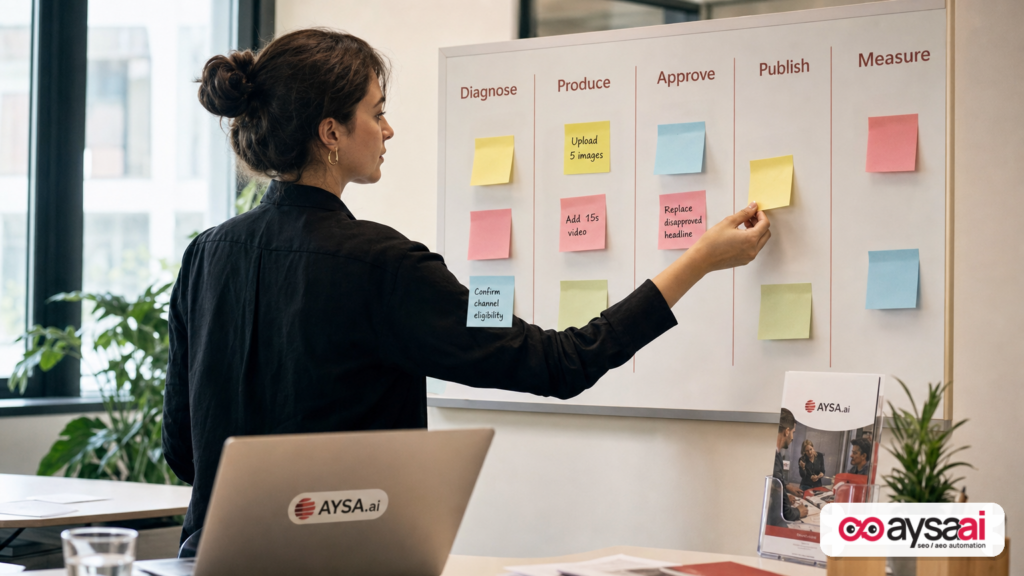 A weekly marketing workflow board showing steps from diagnosing issues to publishing fixes and measuring results.