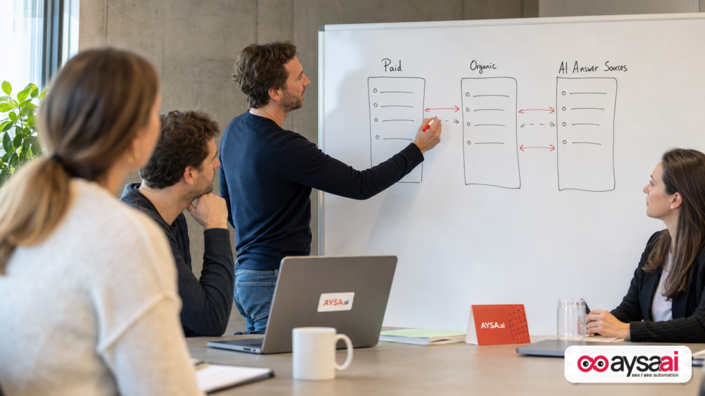 A whiteboard diagram showing Paid, Organic, and AI Answer Sources as separate visibility layers.