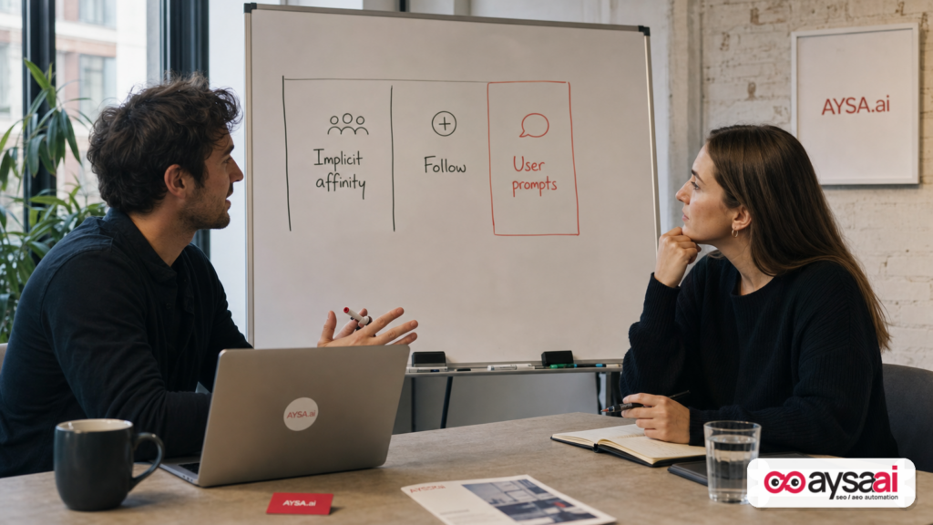 A whiteboard showing three ways content can appear in a feed: affinity, follow, and user prompts.