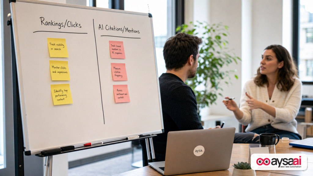A whiteboard showing two columns for rankings versus AI citations in a marketing planning session.