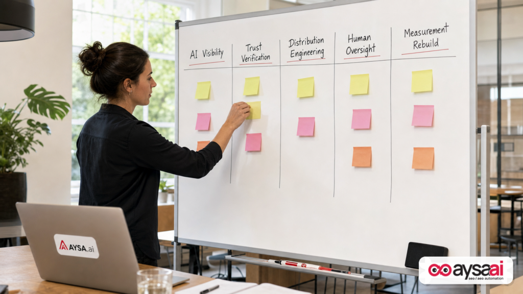 A whiteboard with five budget function columns represented by sticky notes.