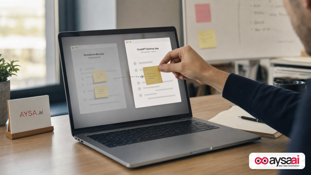 A workspace showing the transition from a standalone AI browser concept to an integrated desktop app workflow.