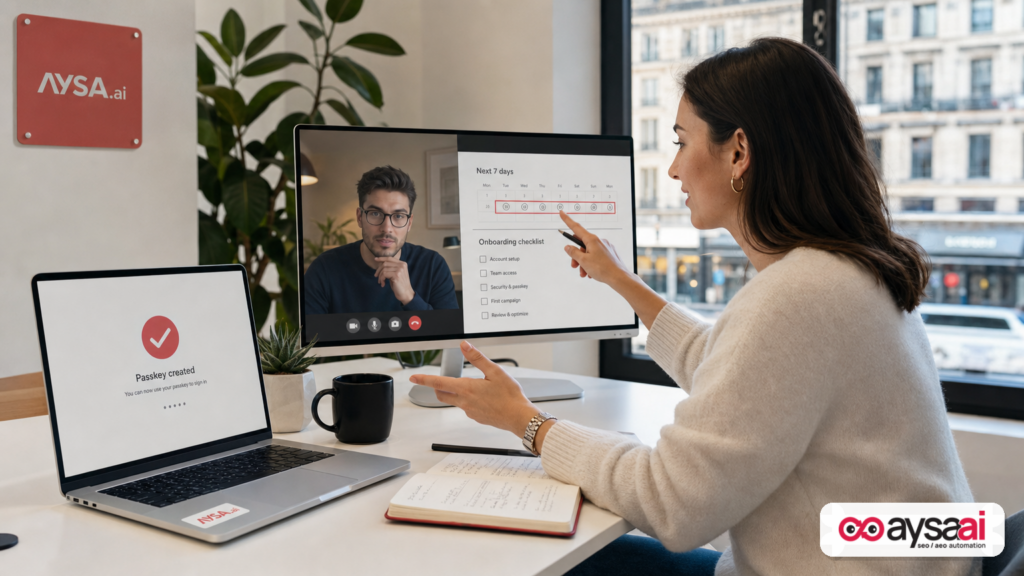 Agency account manager explaining a seven-day onboarding timeline while discussing passkey setup with a client.