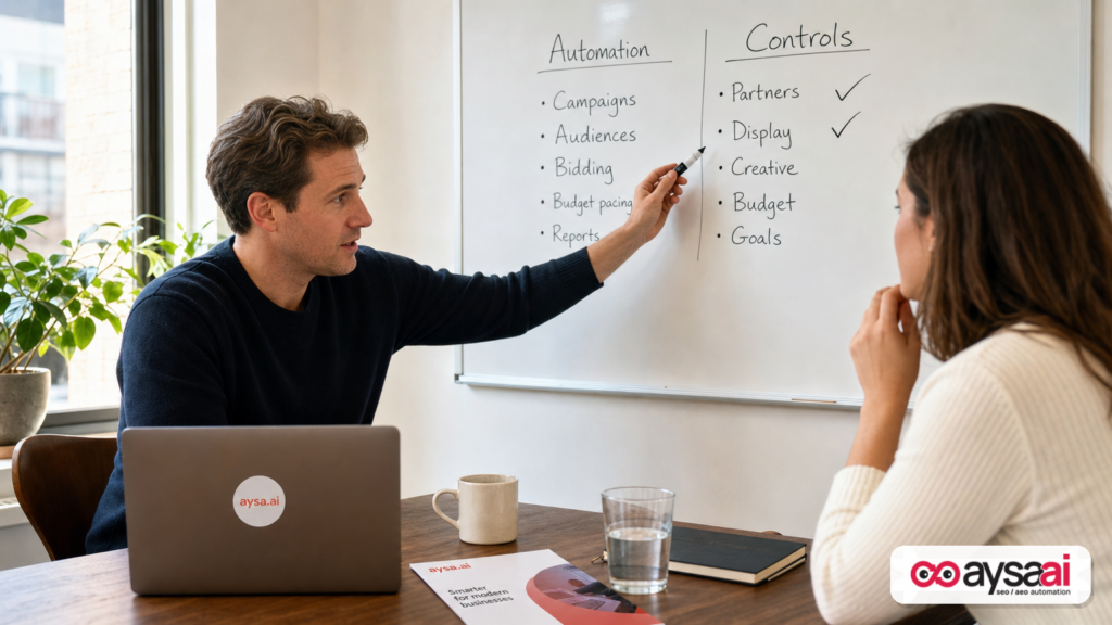 Agency strategist explaining automation versus controls on a whiteboard to a small business owner.