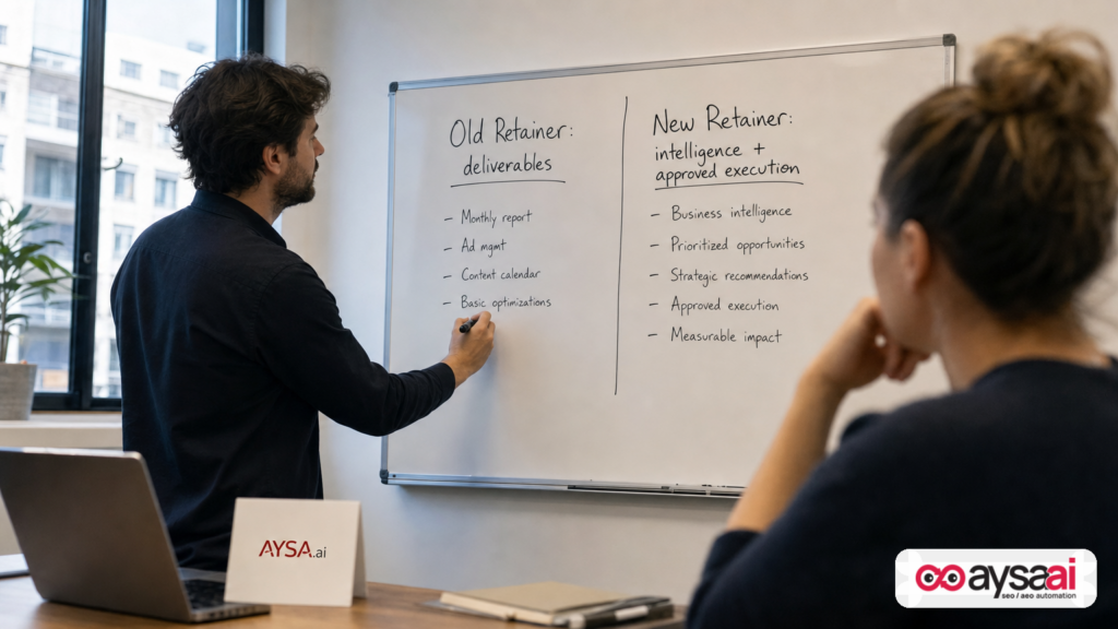 Agency strategist mapping old deliverables versus new intelligence and execution model on a whiteboard.