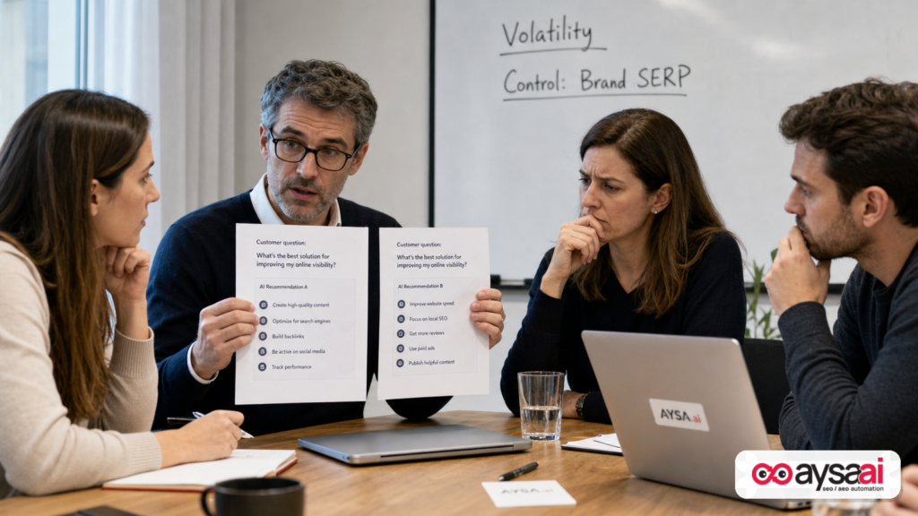 Agency team comparing two AI recommendation outputs that differ for the same question.