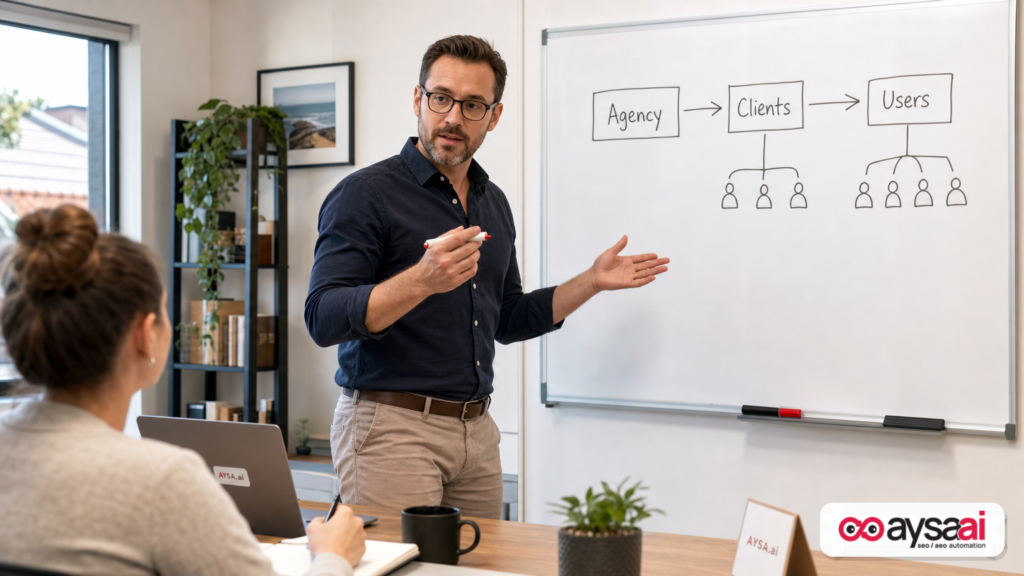 Agency team mapping centralized client access management on a whiteboard.