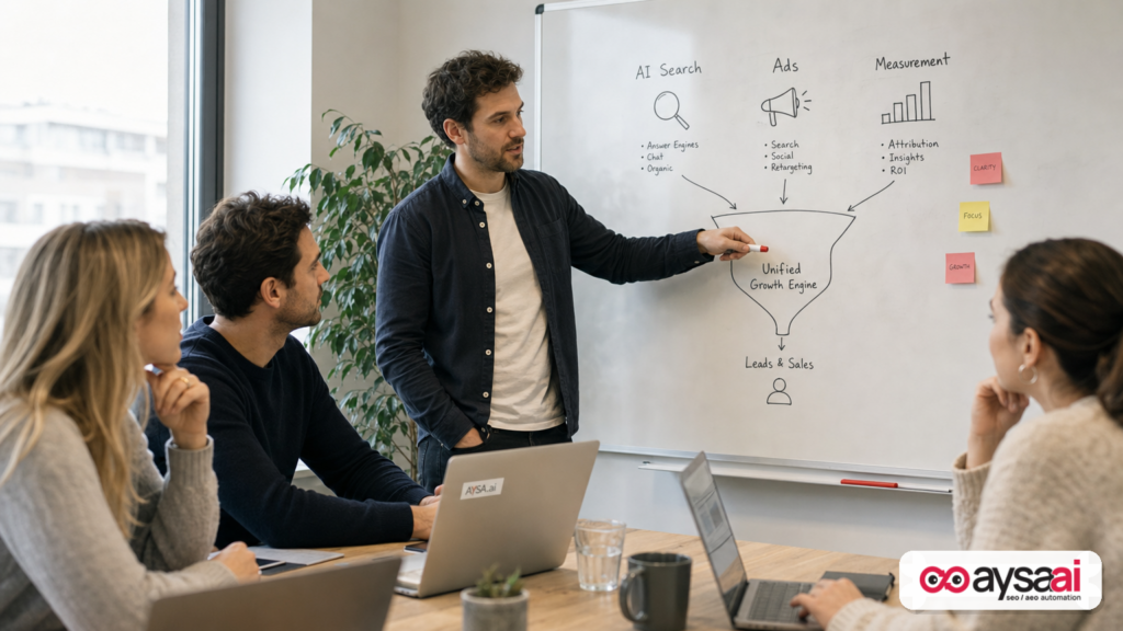Agency team mapping how AI Search, ads, and measurement signals connect in one system.