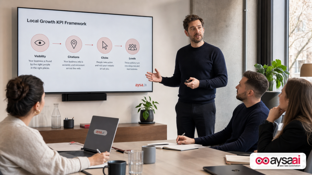Agency team reviewing a KPI framework shifting from rankings to visibility, citations, clicks, and leads.