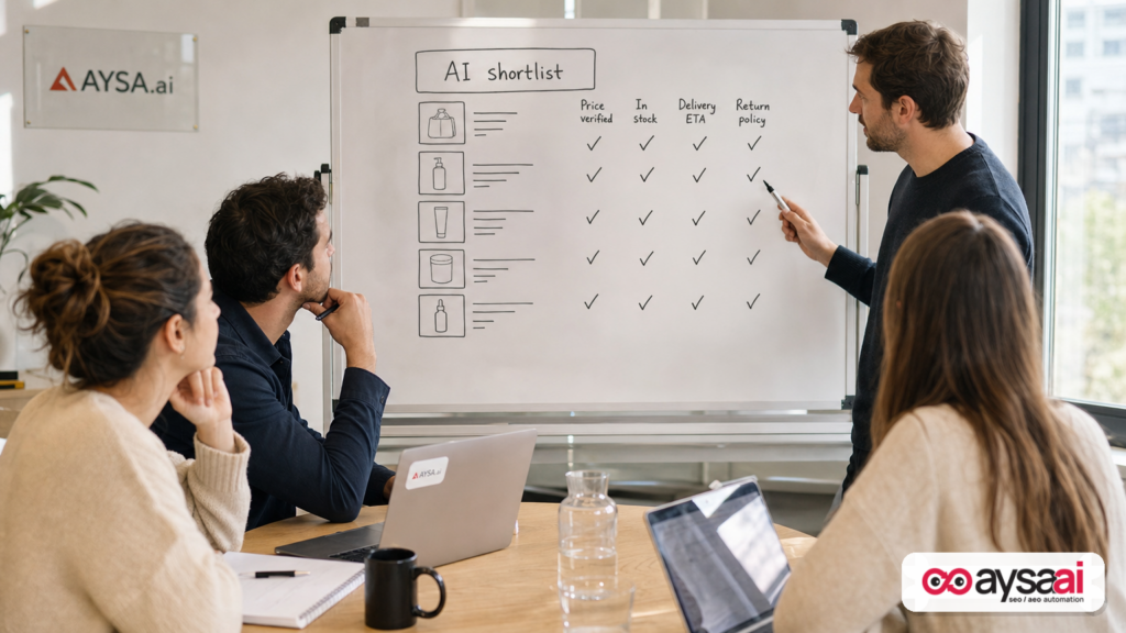 Agency team reviewing a whiteboard drawing of an AI shortlist with verification signals like price and availability.