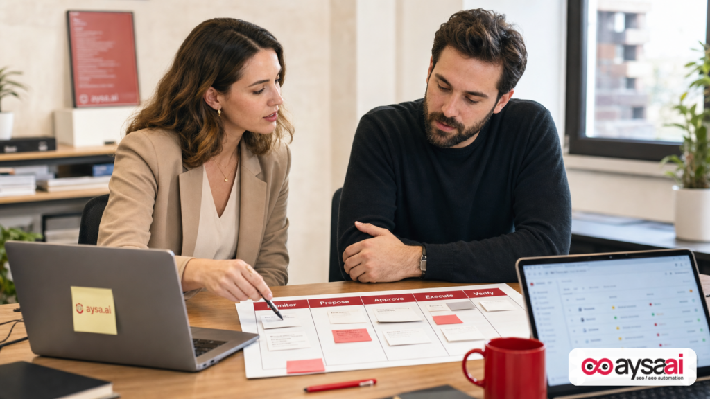 Agency team running a weekly SEO operations workflow with monitoring and approval steps.