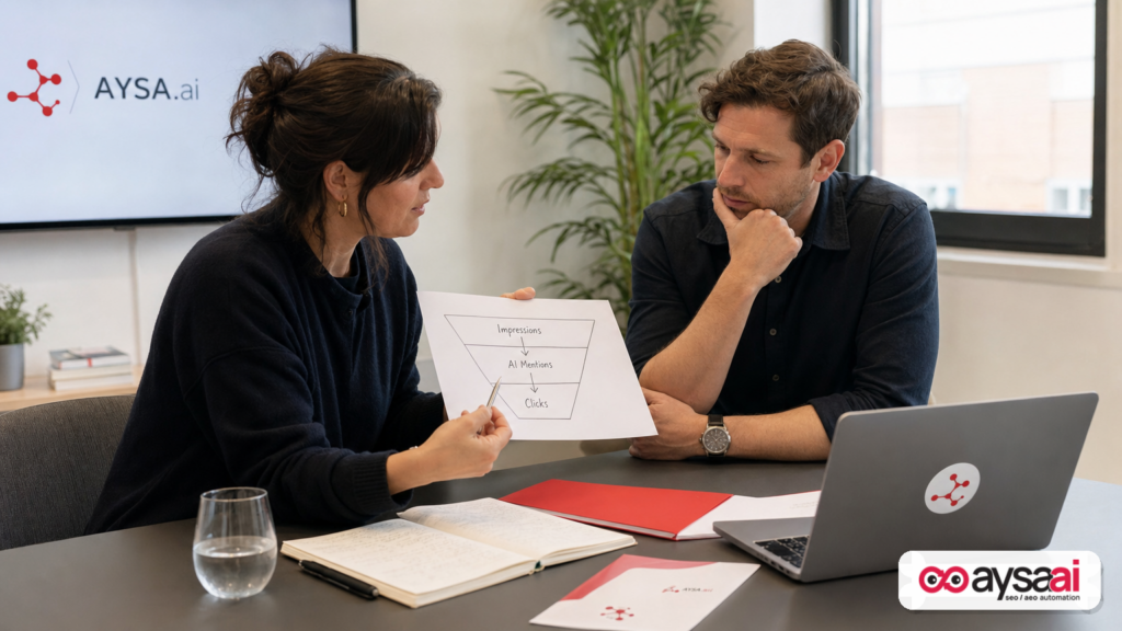 An agency strategist and a business owner reviewing a simple visibility and clicks workflow for AI search.