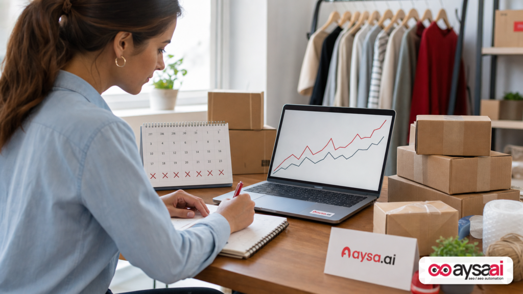 An ecommerce desk setup with calendar and a trend chart comparing two periods for seasonal planning.