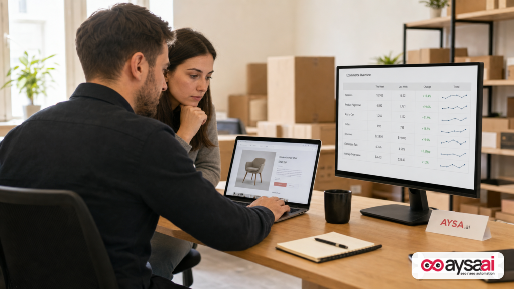 An ecommerce founder and marketer review analytics and a product page before deciding SEO priorities.