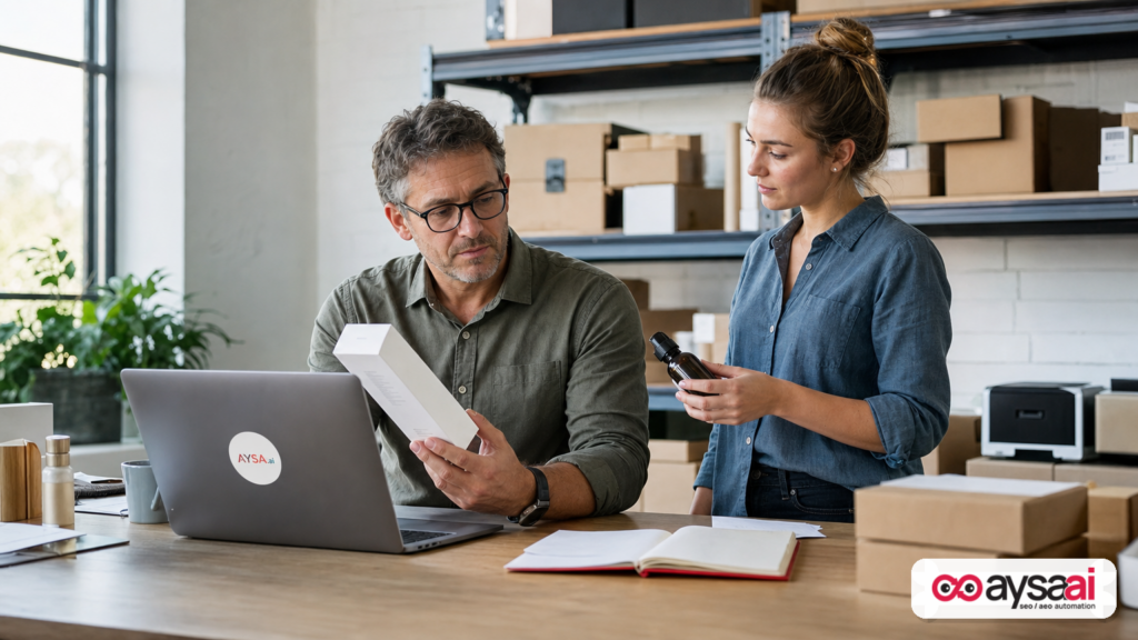 An ecommerce owner reviews product samples while planning AI-assisted Shopping campaigns.