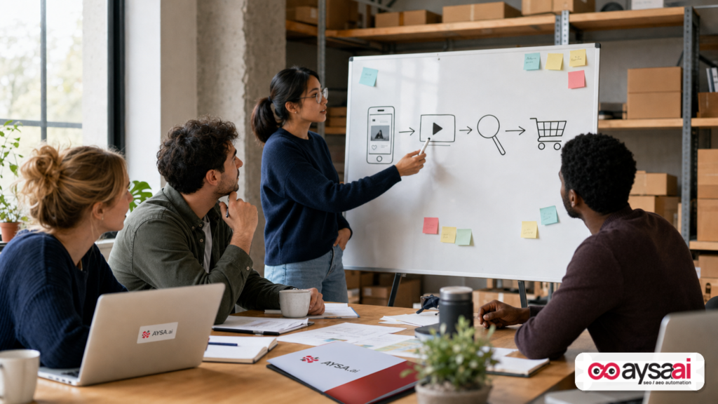 An ecommerce team reviewing a customer journey map from social and video exposure to search and purchase.