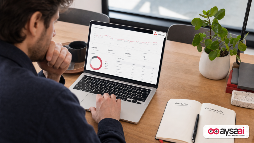 Analyst comparing attribution and incrementality notes beside a performance report.