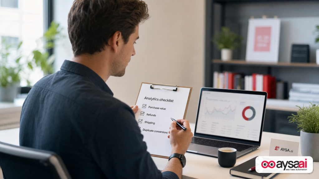 Analyst reviewing a conversion value tracking checklist before enabling automated bidding.