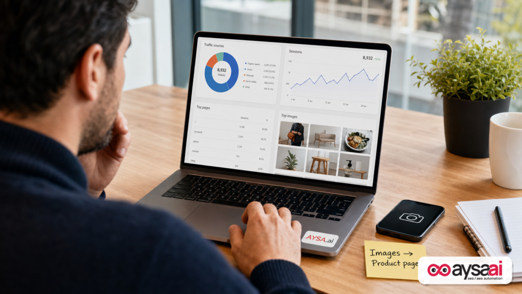 Analyst reviewing analytics trends related to image-driven traffic and conversions.