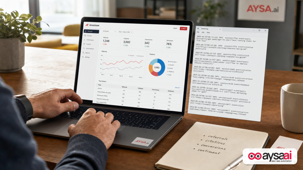 Analytics and log review workflow for measuring AI referral traffic, citations, and conversions.