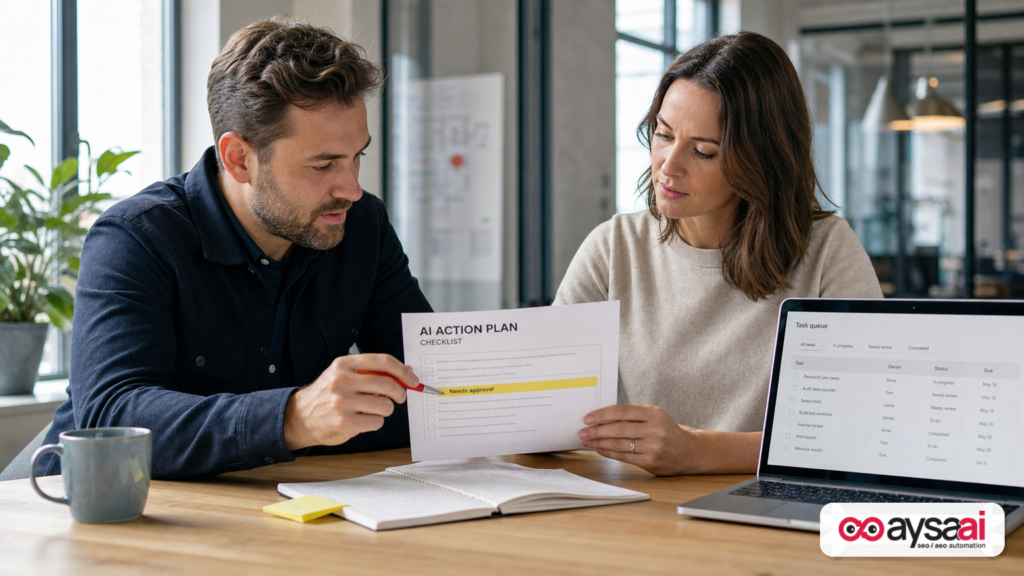 Business leaders reviewing an AI-driven action plan with an approval step before changes go live.
