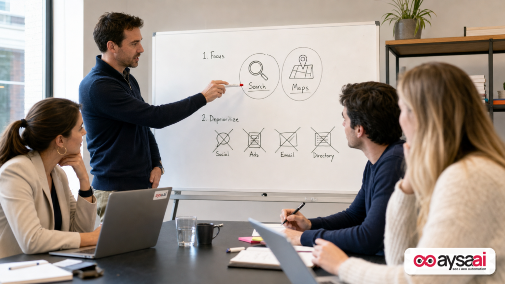 Business manager explaining that ads run on Search and Maps only using a simple whiteboard sketch.