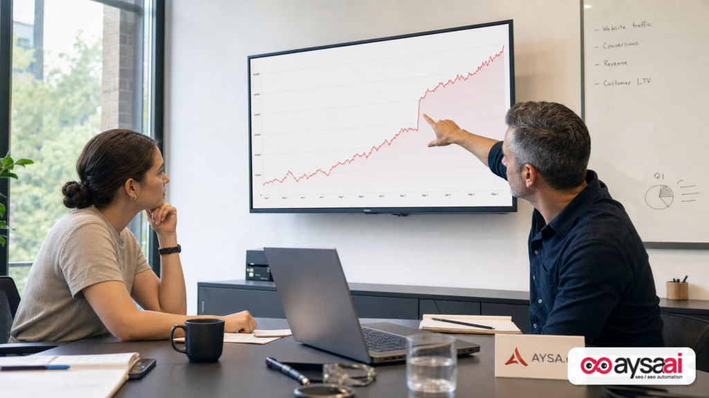 Business owner and marketer discussing a sudden jump in reported metrics on a presentation screen.
