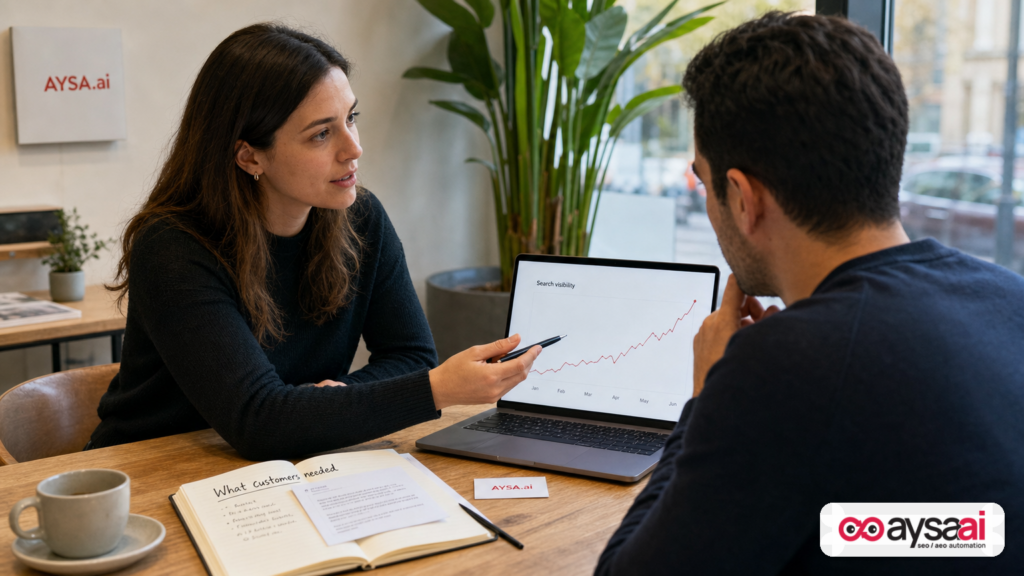 Business owner and marketer discussing customer needs with a notebook and a laptop showing a trend line.