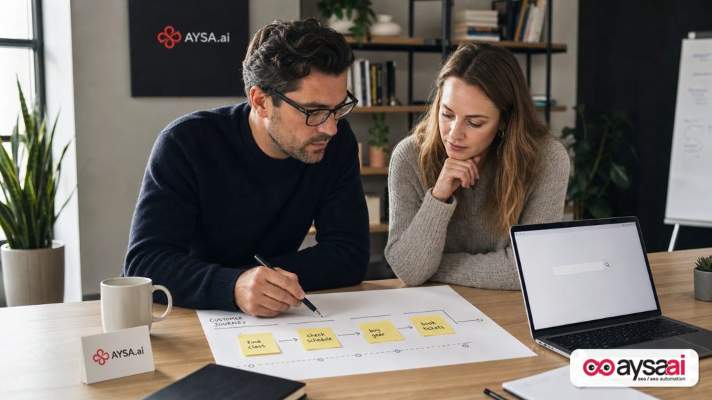 Business owner and marketer mapping an AI-assisted search journey that leads to offline purchases and bookings.