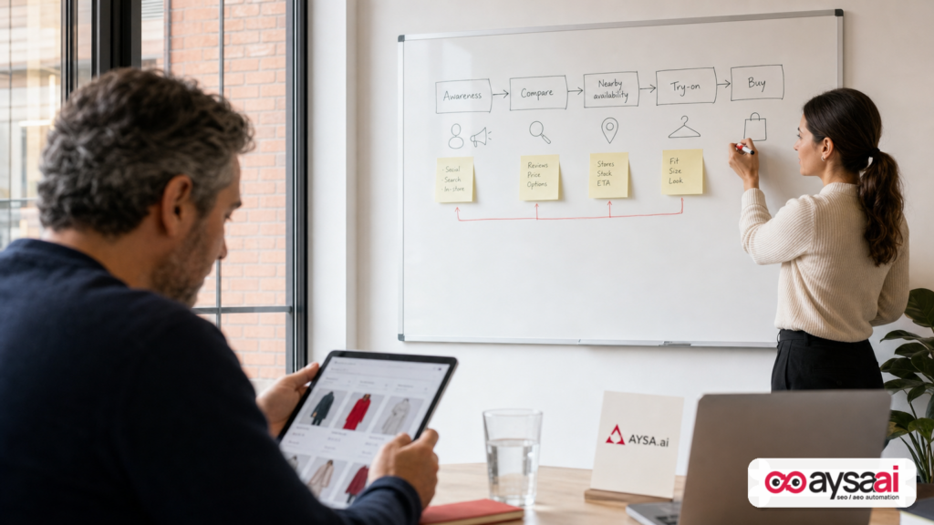 Business owner and marketer mapping an AI-powered shopping journey from discovery to purchase.