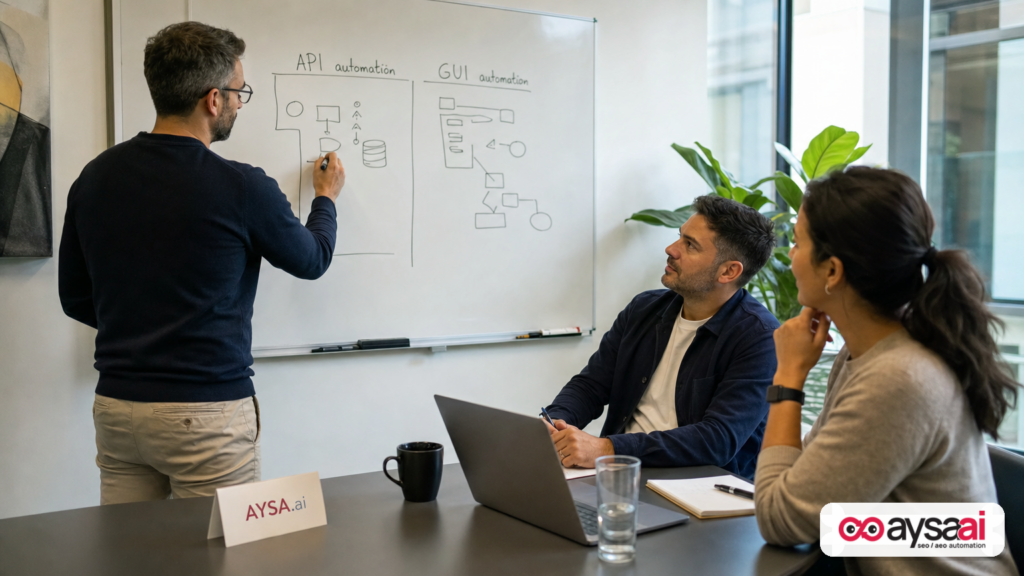 Business owner and strategist comparing API automation versus GUI automation on a whiteboard.