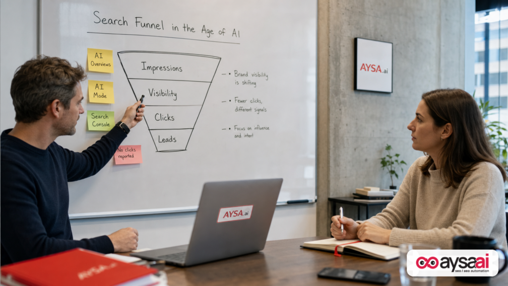 Business owner and strategist discussing an AI search measurement funnel on a whiteboard.