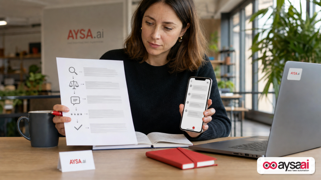 Business owner comparing a long research process versus a short AI shortlist on a phone.