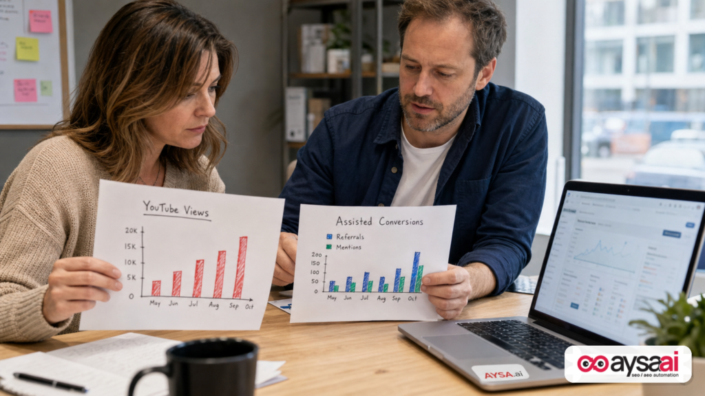 Business owner comparing a views report with a downstream conversions and referrals report.