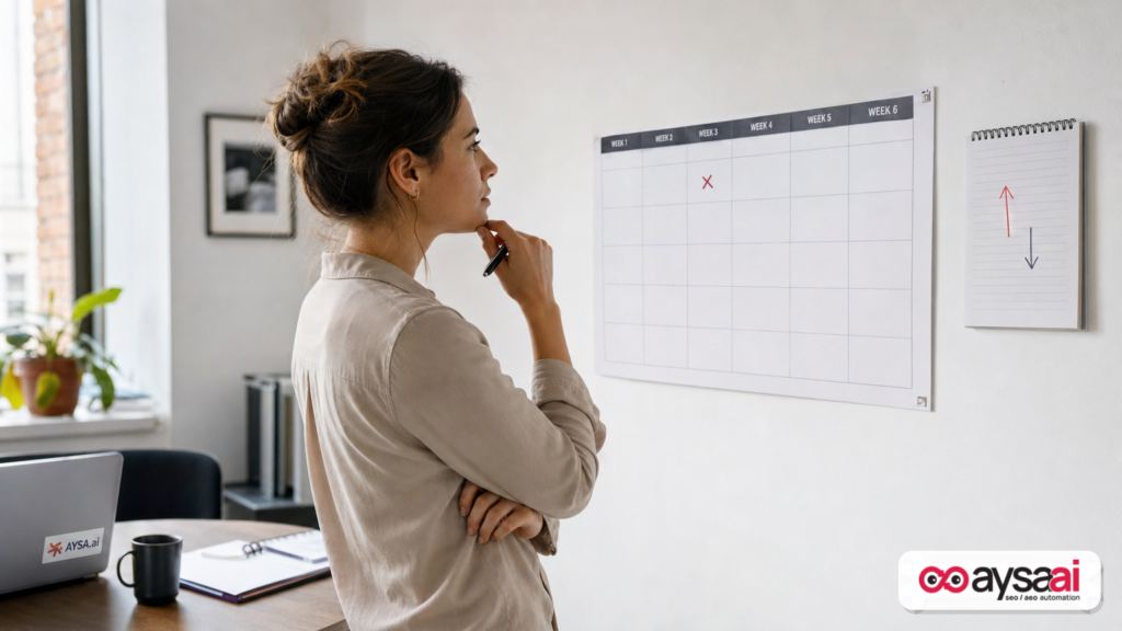 Business owner comparing a weekly calendar to performance notes, reflecting on delayed optimizations.