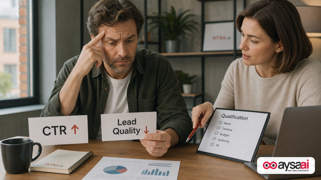 Business owner comparing rising click-through rate with declining lead quality during an ad copy test