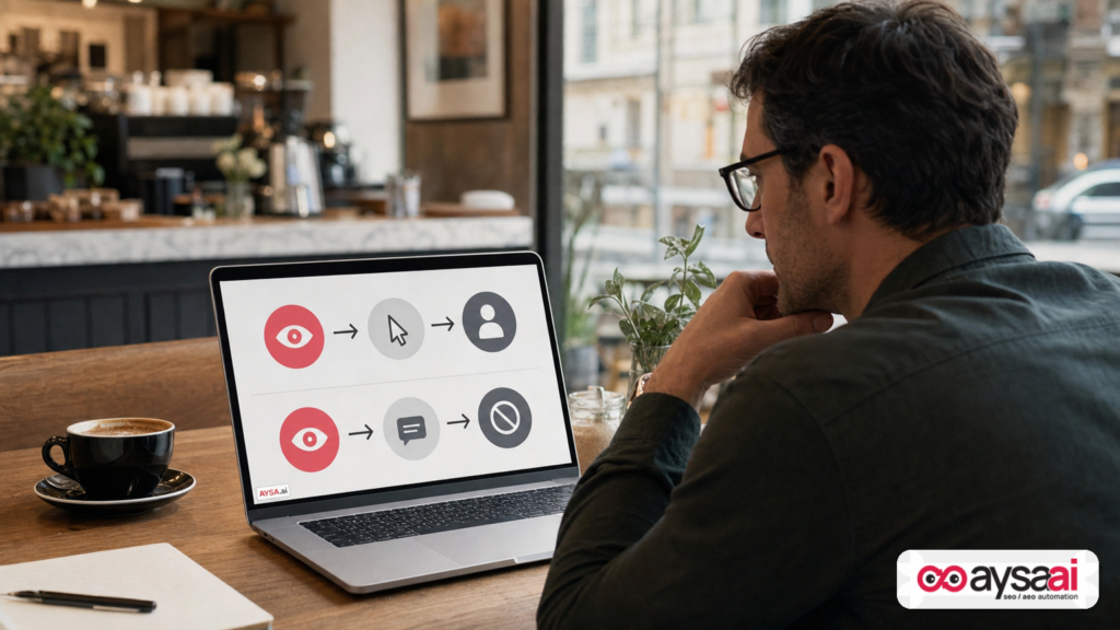 Business owner comparing traditional click-based reporting with an AI-driven zero-click journey concept.