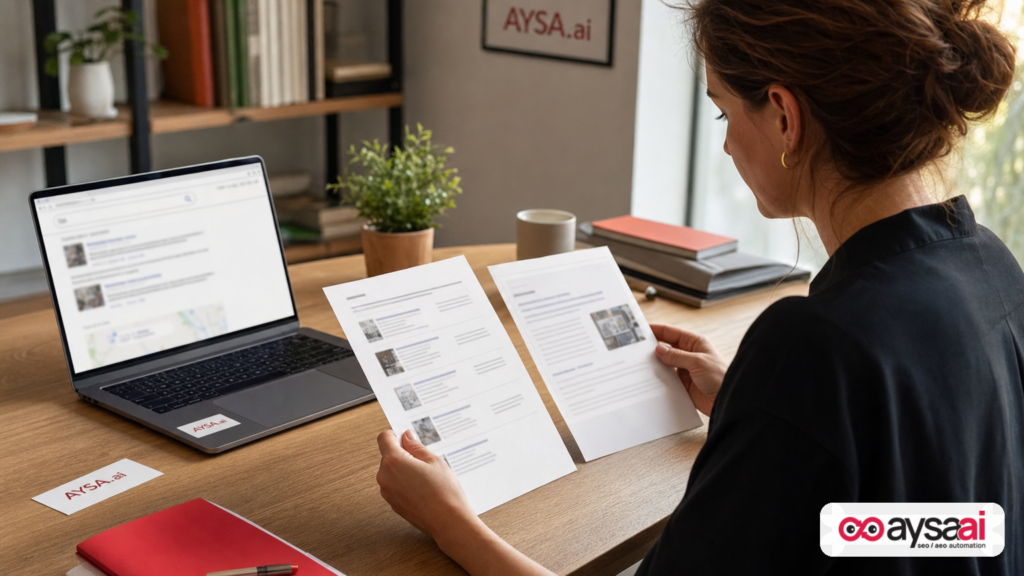 Business owner comparing traditional search results with an AI-style answer summary concept.