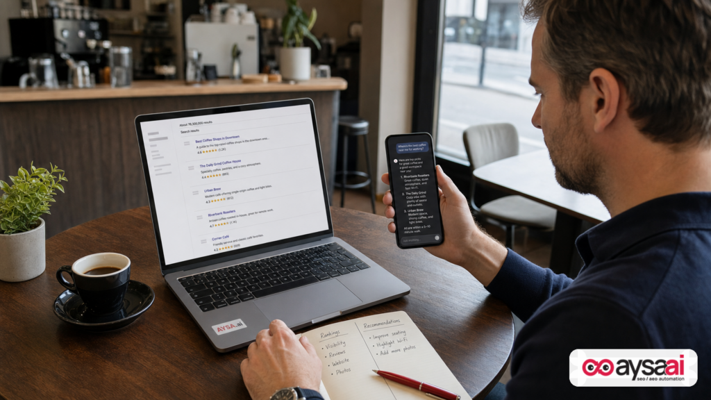 Business owner comparing traditional search results with an AI-style recommendation on a phone.