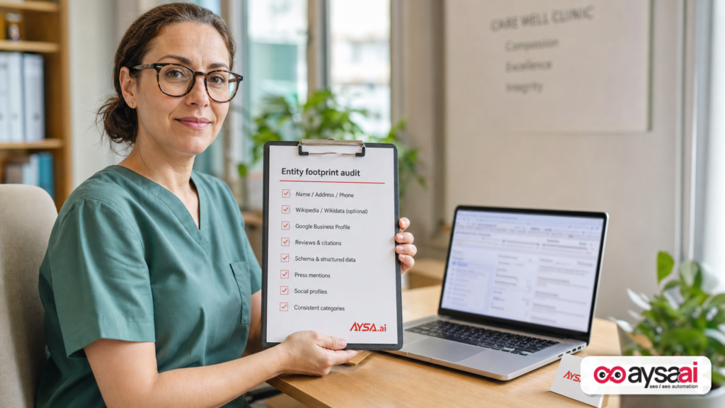 Business owner holding an entity footprint audit checklist for AI search visibility.