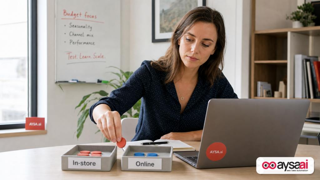 Business owner moving budget tokens between in-store and online trays to represent budget allocation.