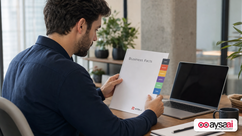 Business owner organizing key business facts to improve how AI search understands and cites the company.